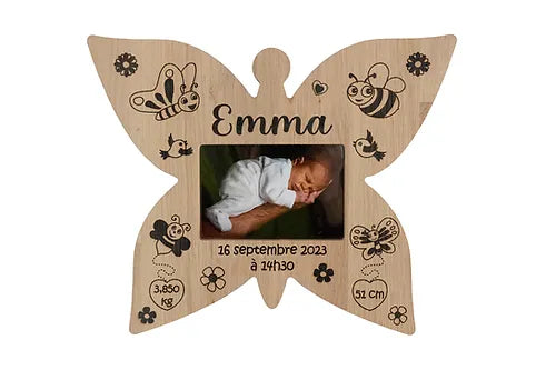 Cadre photo de naissance papillon| Décoration La Caz'à Bois fait main