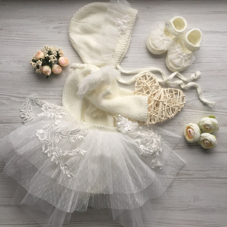Robe de baptĂȘme bebe| Barbotteuse tricottĂ©e main