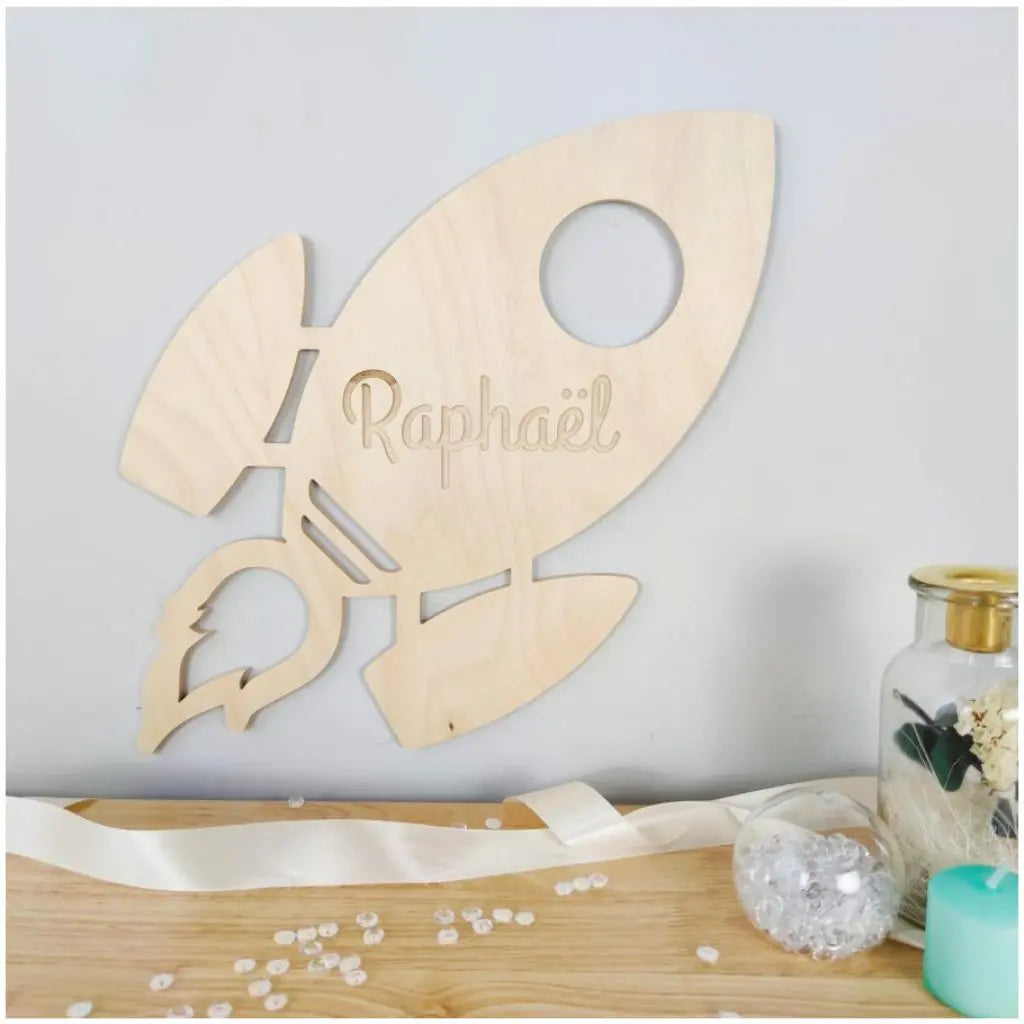 Veilleuse de nuit Fusée | applique murale bois l'usinette bleue